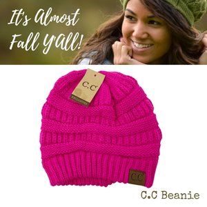 C. C Beanie Knit Hat in Hot Pink